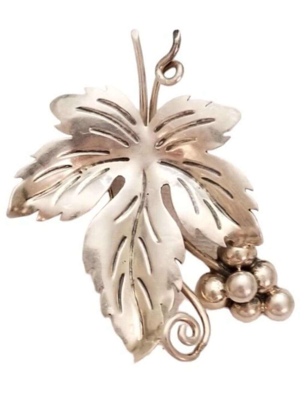 Mexico Sterling Silver Grape Cluster Leaf Vine Brooch Pin L63
